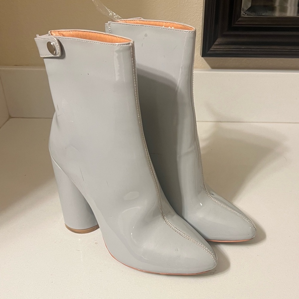 Glossy Light Gray High Heel Boots. Size 9. Never Worn